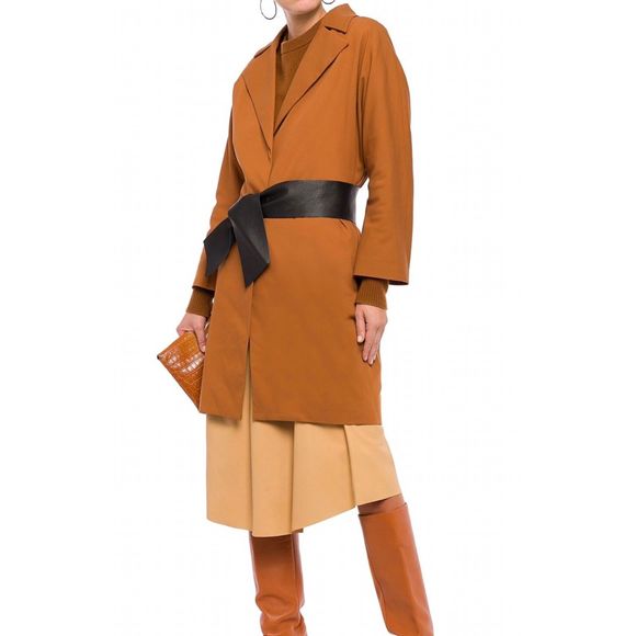 BA&SH Drape Coat Camel with Wide Lapel Collar Black Waist Tie, Size 10, NWT